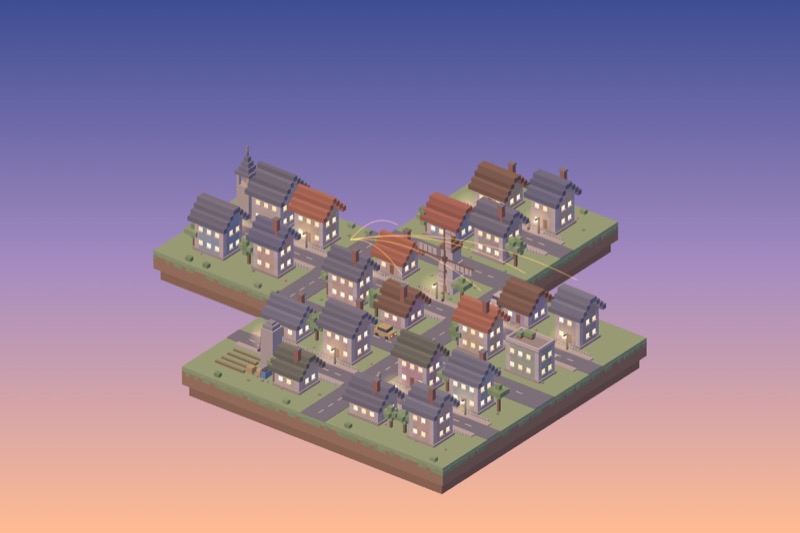 Lantern's street drawn as a voxel village of about twenty homes at dusk, with phones glowing above them.